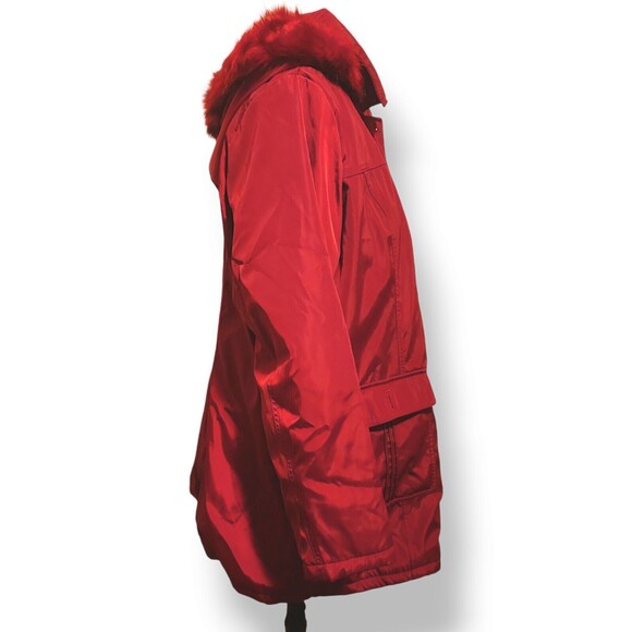 Dennis Basso Red Faux Fur Hood Button Down Zip Up Coat Jacket Women's Size XL - Picture 6 of 8